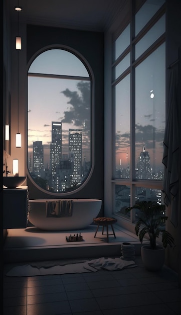 Ein Badezimmer mit Blick auf eine Stadt und ein Fenster mit einem Vorhang, auf dem „Stadt“ steht.