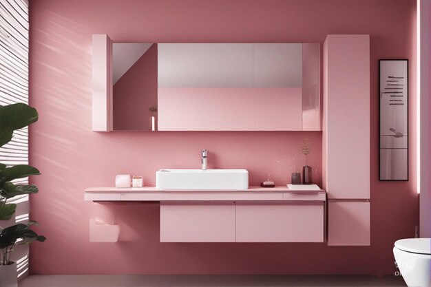 ein Badezimmer mit einer rosa Wand und einem Waschbecken und einem Schrank mit einem rosa Schrank darüber.