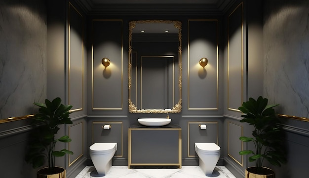 Ein Badezimmer mit einer schwarzen Wand und goldenen Verzierungen.
