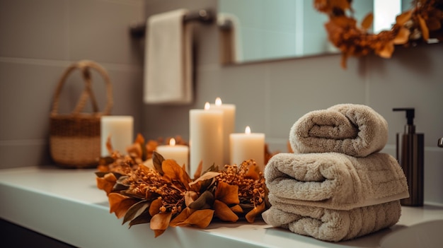 Ein Badezimmer mit Handtüchern und Kerzen auf einer Theke