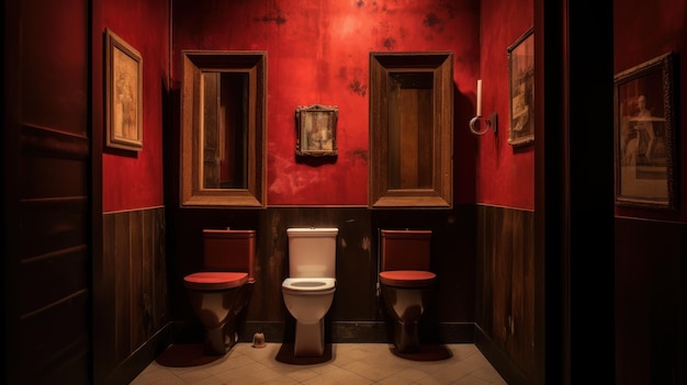 Ein Badezimmer mit roten Wänden und roten Wänden und einer Toilette mit dem Wort „Toilette“ an der Wand.