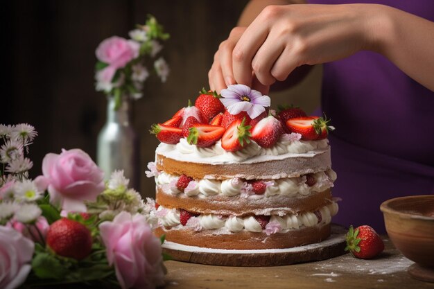 Ein Bäcker fügt einem Erdbeerkuchen mit Kakaopulver den letzten Schliff hinzu