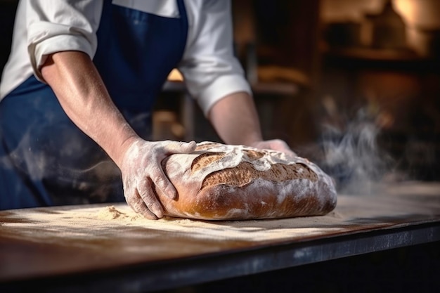 Ein Bäcker in einer Bäckerei steckt Brot in den Ofen Bäckerei Großbild