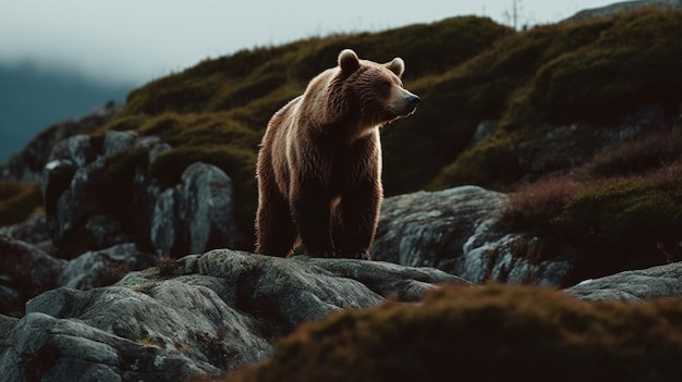 Ein Bär, der auf Felsen in den Bergen läuft