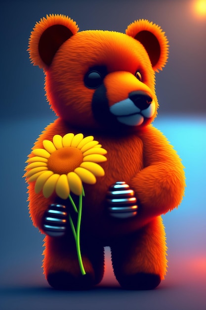 Ein Bär, der eine Blume hält, die sagt: "Liebe liegt in der Luft".