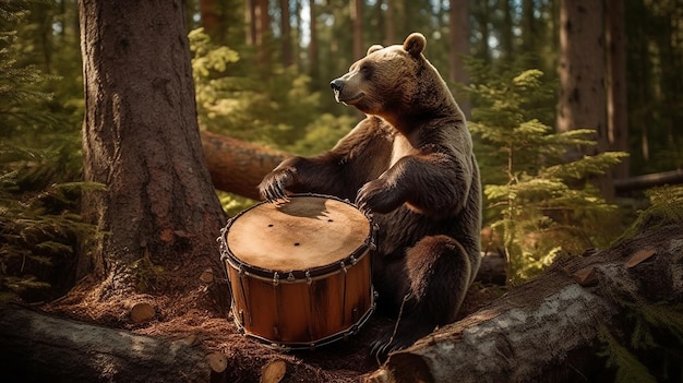 Ein Bär, der im Wald Trommel spielt