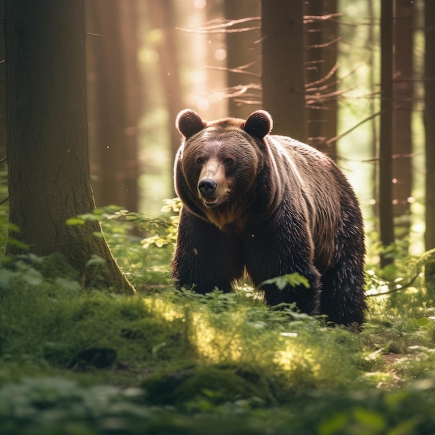 Ein Bär im Wald, auf dessen Gesicht die Sonne scheint.