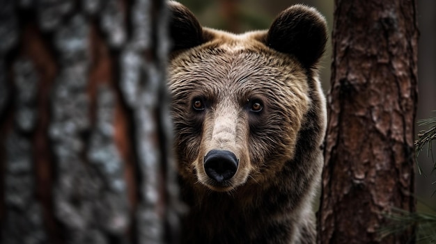 Ein Bär im Wald schaut in die Kamera.