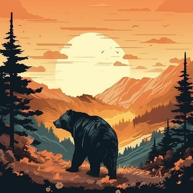 Ein Bär in einem Wald mit Bergen im Hintergrund