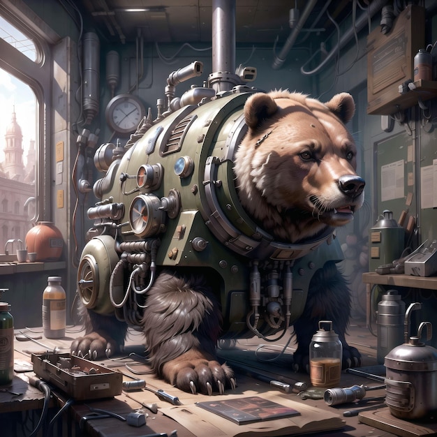 Ein Bär ist in einer Werkstatt mit vielen Werkzeugen.