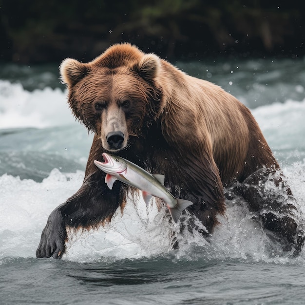 Ein Bär ist mit einem Fisch im Maul im Wasser.