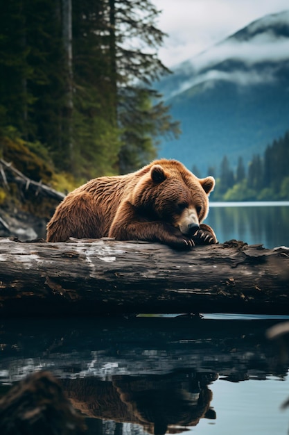 Ein Bär liegt auf einem Baumstamm im Wasser