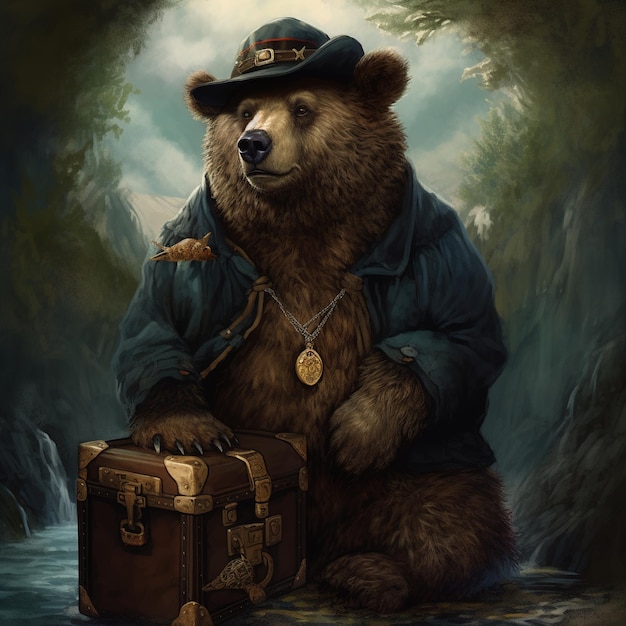 Ein Bär mit Hut und Tasche trägt eine blaue Jacke