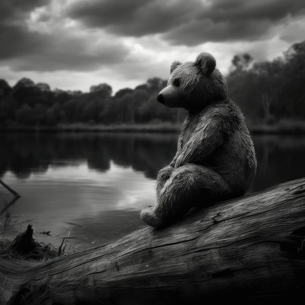 Ein Bär sitzt auf einem Baumstamm in einem See mit einem bewölkten Himmel im Hintergrund.