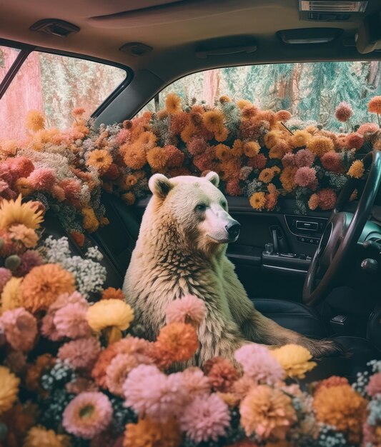 Ein Bär sitzt in einem mit Blumen bedeckten Auto.