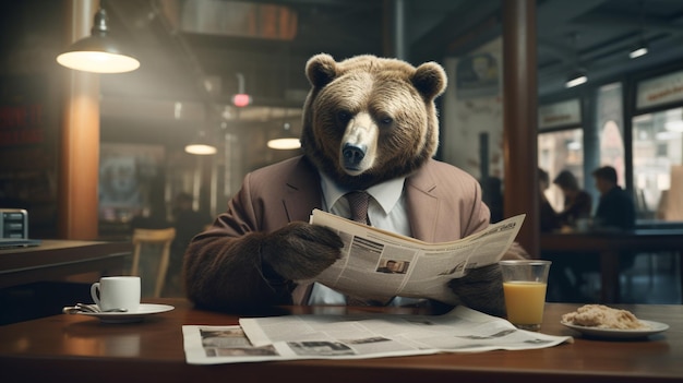 Ein Bär sitzt selbstbewusst an einem sorgfältig gefertigten kleinen Schreibtisch. Er ist tadellos gekleidet in einen maßgeschneiderten Anzug. Seine Pfoten halten behutsam eine Zeitung, die er mit ernster Miene liest