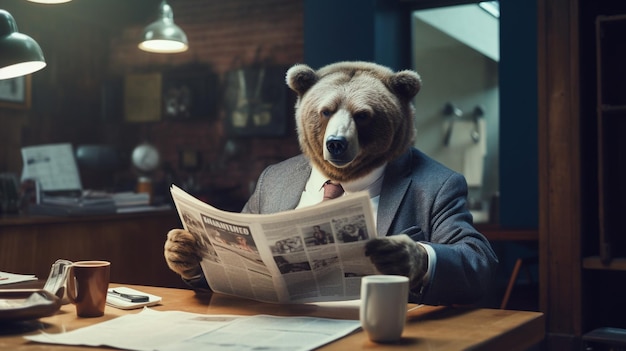 Ein Bär sitzt selbstbewusst an einem sorgfältig gefertigten kleinen Schreibtisch. Er ist tadellos gekleidet in einen maßgeschneiderten Anzug. Seine Pfoten halten behutsam eine Zeitung, die er mit ernster Miene liest