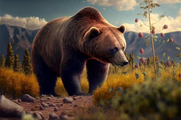 Ein Bär steht auf einem Feld mit Bergen im Hintergrund.