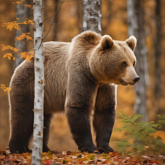 ein Bär steht im Wald mit Blättern auf dem Boden