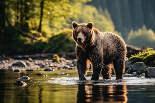 Ein Bär steht in der Nähe eines Flusses an einem Wald. Generative KI