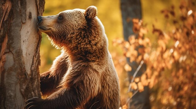 Ein Bärenjunges küsst einen Baum im Wald.