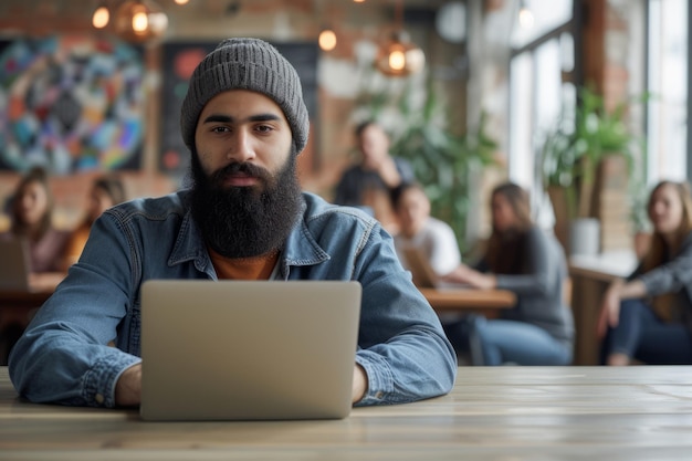 Ein bärtiger Mann benutzt einen Laptop im Café