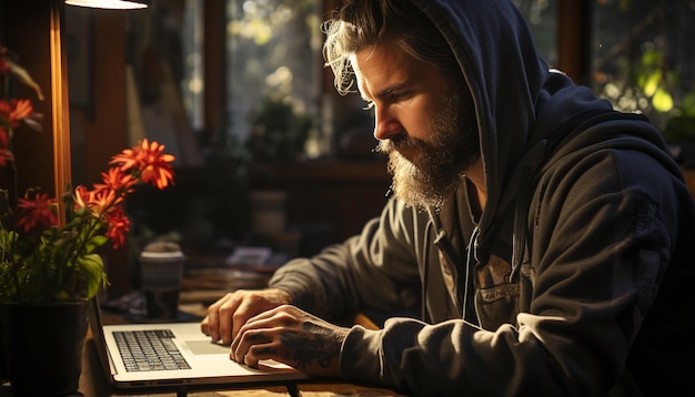 Ein bärtiger Mann, der an einem Laptop arbeitet und drinnen im Internet surft, erzeugt durch KI