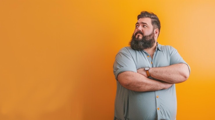 Foto ein bärtiger mann, der an einer gelben wand nachdenkt