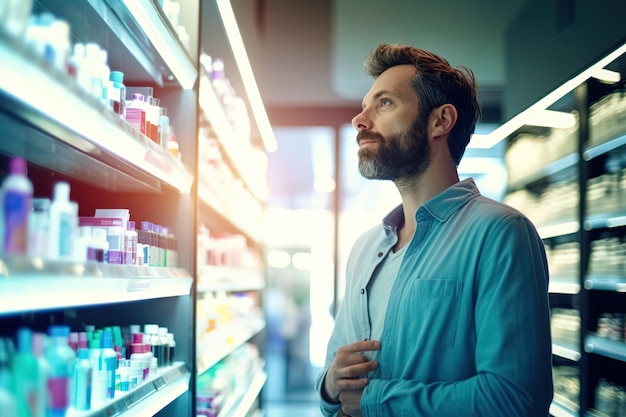 Ein bärtiger Mann mittleren Alters in einem blauen Hemd blickt auf die Arzneimittelvitrine und wählt ein Medikament aus