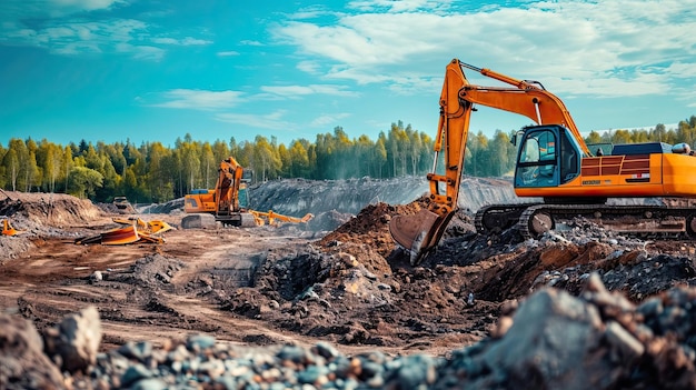 Ein Bagger räckt die Erde Industrielle Ausgrabungen Graben Bodenvorbereitung robuste leistungsfähige Bauarbeiten erzeugt von KI