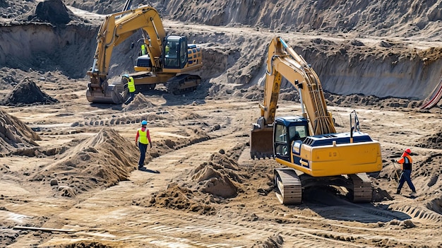 Ein Bagger räumt die Erde, gräbt Industrieausrüstung, robuster Schmutz, Boden, Arbeitspferd, Baustelle, mechanischer, robuster Boden, erzeugt von KI.