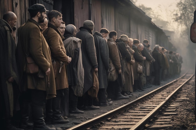 Ein Bahnhof mit Menschen, die auf die Ankunft des Zuges warten.