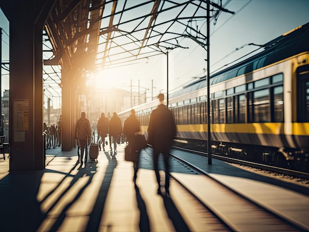 Ein Bahnhof mit verschwommenen Bewegungen und Spaziergängern