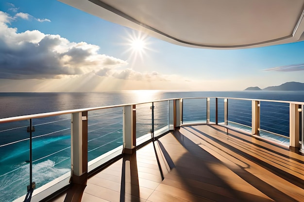 Ein Balkon auf einem Kreuzfahrtschiff, am Horizont scheint die Sonne.