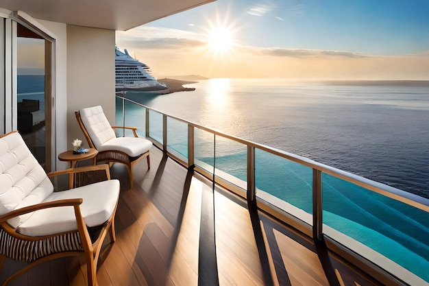 Ein Balkon mit Blick auf das Meer und die Sonne an der Wand