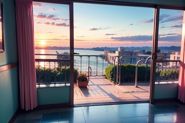 Ein Balkon mit Blick auf das Wasser und einen Sonnenuntergang.