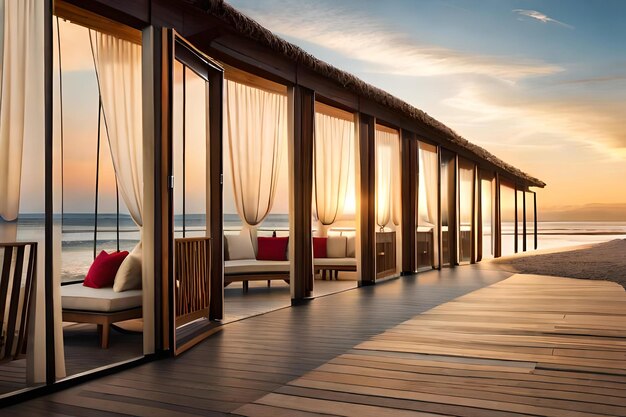 Ein Balkon mit Blick auf den Ozean und den Sonnenuntergang.