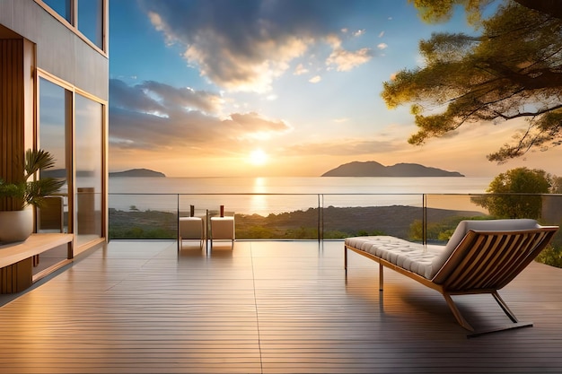 Ein Balkon mit Blick auf den Sonnenuntergang und einer Couch.