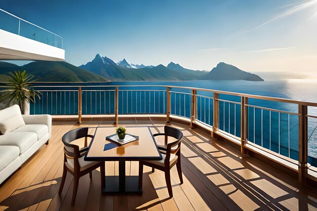 Ein Balkon mit Blick auf die Berge und das Meer.