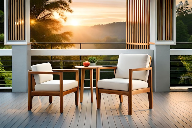 Ein Balkon mit Blick auf die Berge und einen Baum.