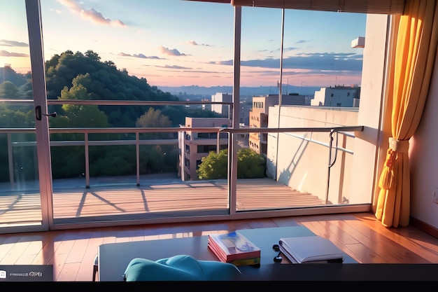 Ein Balkon mit Blick auf die Stadt und ein Buch auf einem Tisch