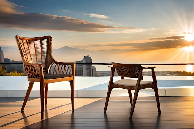 Ein Balkon mit Blick auf einen Berg und zwei Stühlen.