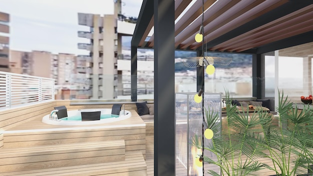 Ein Balkon mit einem Holzdach und einer Glastür mit der Aufschrift „Balkon“