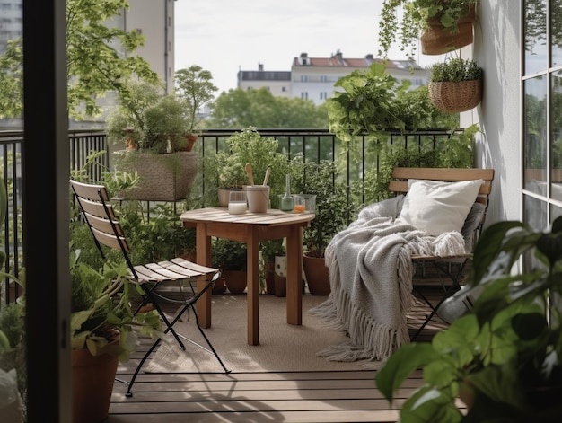 Ein Balkon mit einem Tisch und Stühlen und einer Decke darauf.