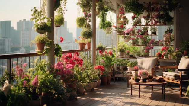 Ein Balkon mit Sofas, Tischen und Topfpflanzen