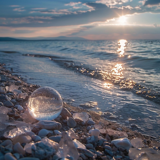 Foto ein ball am strand ist im wasser und auf dem sand