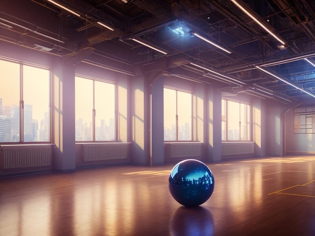 Ein Ball auf dem Boden in einer Turnhalle mit einem Stadtbild im Hintergrund.