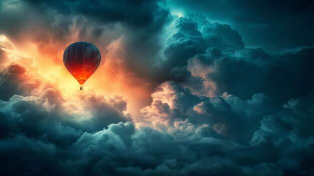 Ein Ballon steigt sanft durch eine Pause in stürmischen Wolken auf