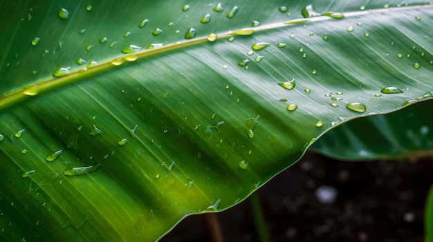 Ein Bananenblatt mit Wassertropfen darauf