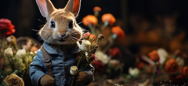 Ein Banner mit einem süßen, lustigen Hasen mit Blumensträußen aus zarten Rosen, ein Bildschirmschoner mit einem Kaninchen